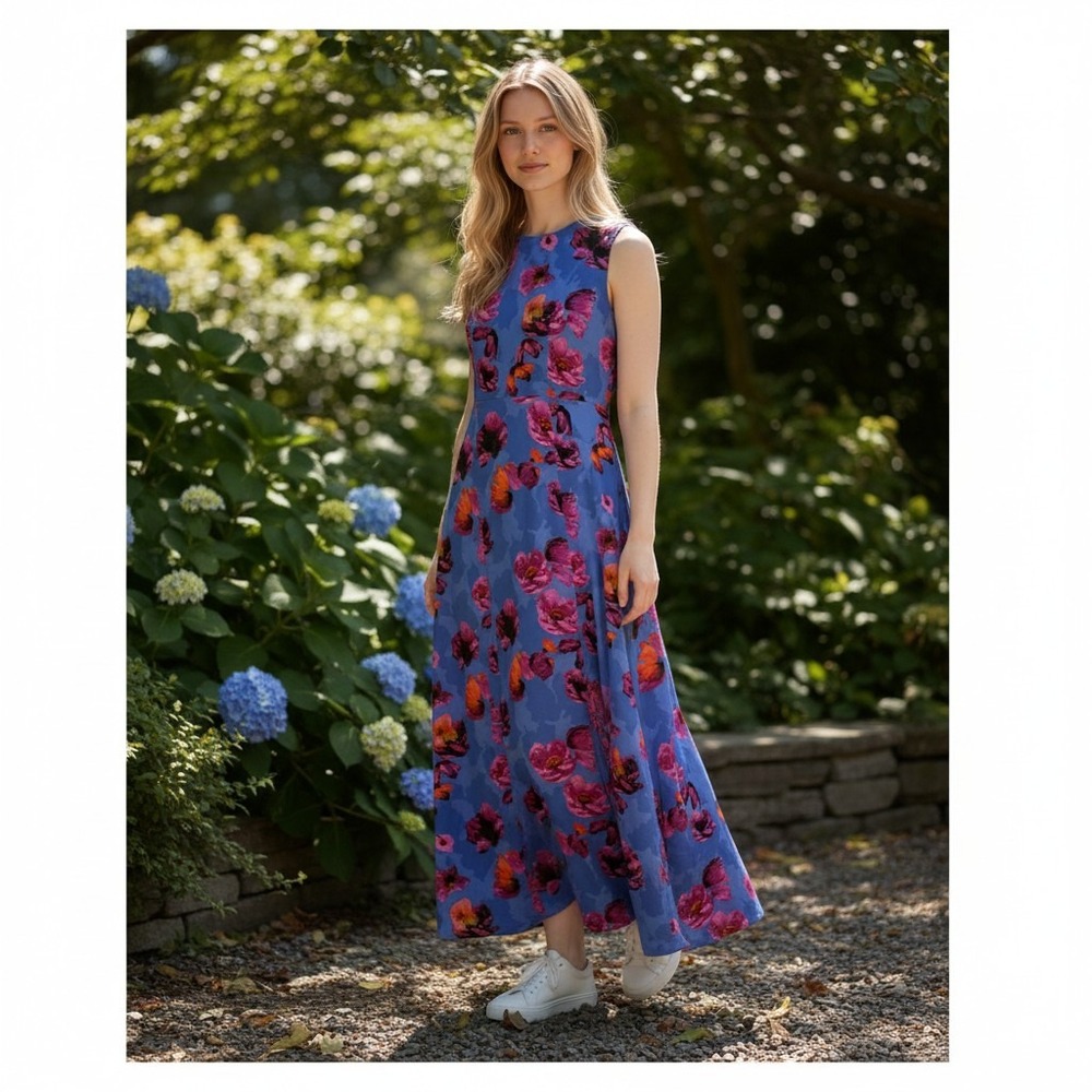 Banana Republic Blue Pink Floral Poppy Seamed Maxi Dress Sleeveless 4 267649-00